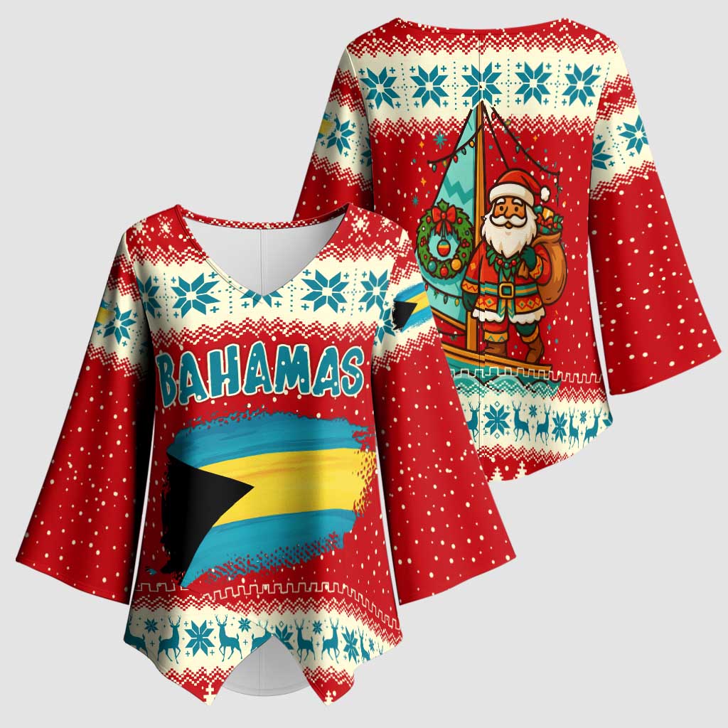 Bahamas Christmas Kimono Sleeve Blouse with Red Festive Pattern Sailing Santa and National Flag Motif - Wonder Print Shop