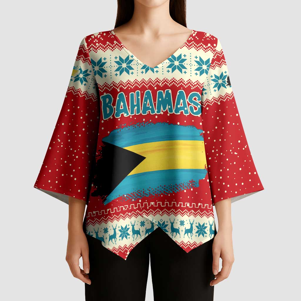 Bahamas Christmas Kimono Sleeve Blouse with Red Festive Pattern Sailing Santa and National Flag Motif - Wonder Print Shop