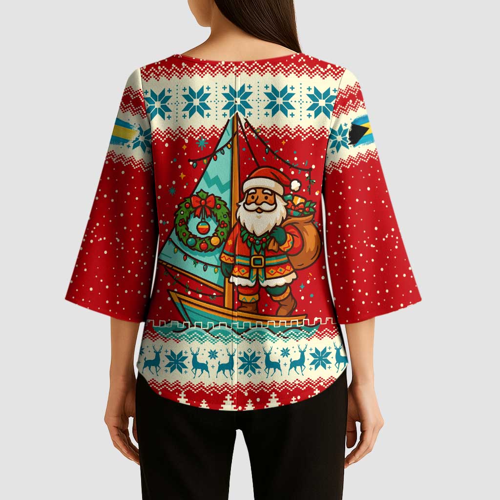 Bahamas Christmas Kimono Sleeve Blouse with Red Festive Pattern Sailing Santa and National Flag Motif - Wonder Print Shop