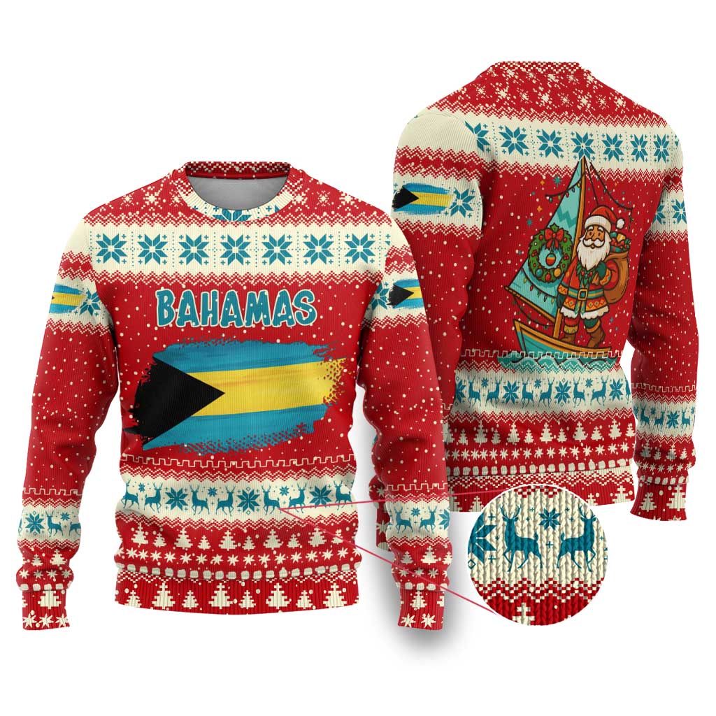 Bahamas Christmas Ugly Christmas Sweater with Red Festive Pattern Sailing Santa and National Flag Motif - Wonder Print Shop