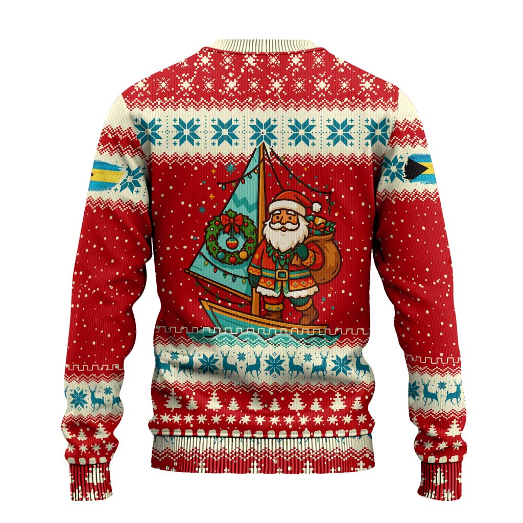 Bahamas Christmas Ugly Christmas Sweater with Red Festive Pattern Sailing Santa and National Flag Motif - Wonder Print Shop