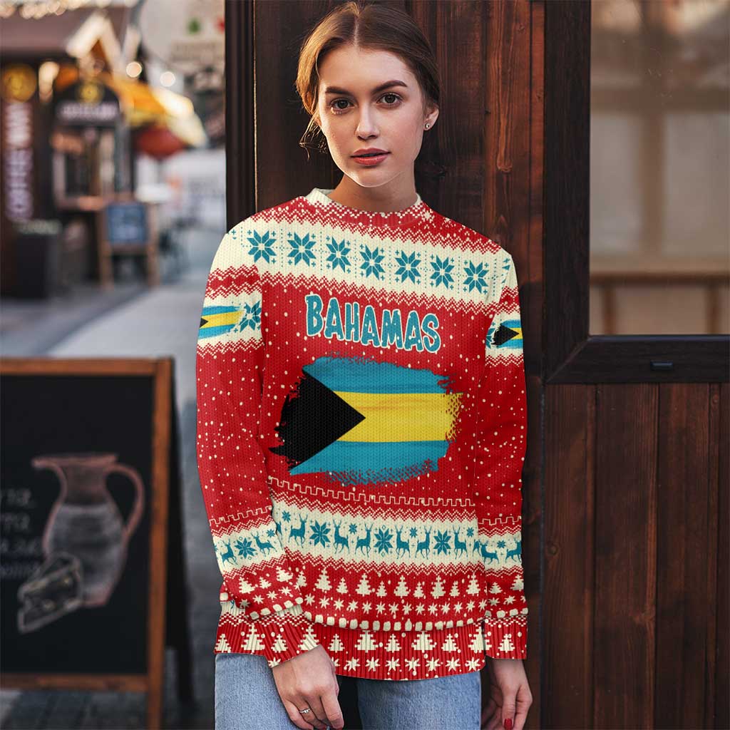 Bahamas Christmas Ugly Christmas Sweater with Red Festive Pattern Sailing Santa and National Flag Motif - Wonder Print Shop