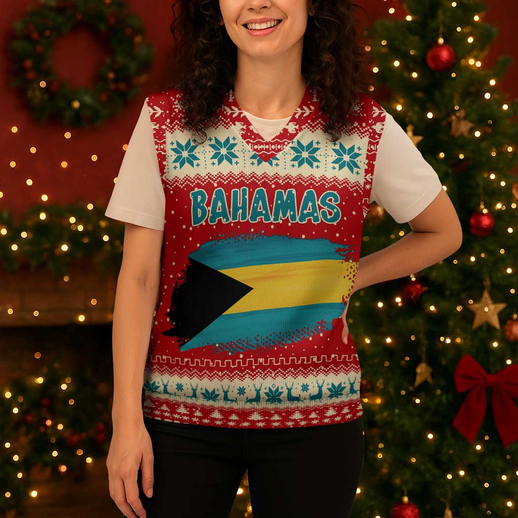 Bahamas Christmas Knitted V-Neck Vest with Red Festive Pattern Sailing Santa and National Flag Motif - Wonder Print Shop