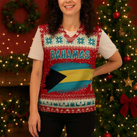 Bahamas Christmas Knitted V-Neck Vest with Red Festive Pattern Sailing Santa and National Flag Motif - Wonder Print Shop