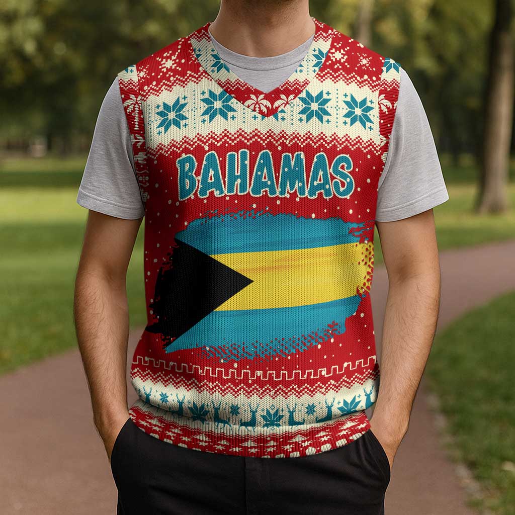 Bahamas Christmas Knitted V-Neck Vest with Red Festive Pattern Sailing Santa and National Flag Motif - Wonder Print Shop