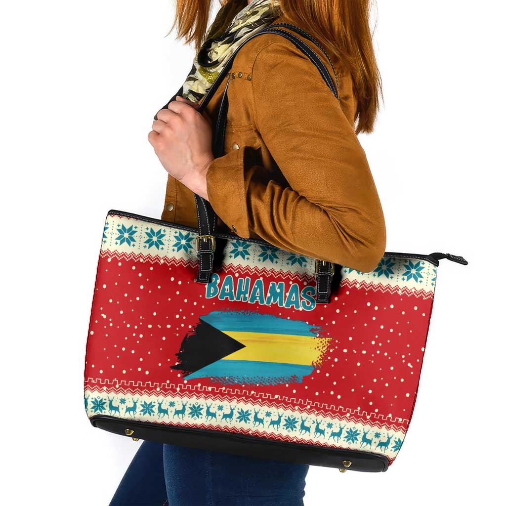 Bahamas Christmas Leather Tote Bag with Red Festive Pattern Sailing Santa and National Flag Motif - Wonder Print Shop