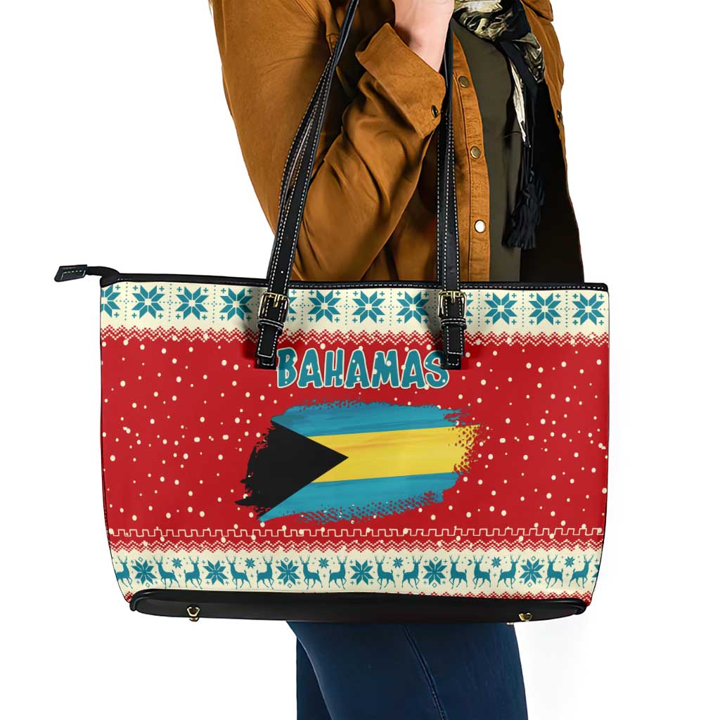 Bahamas Christmas Leather Tote Bag with Red Festive Pattern Sailing Santa and National Flag Motif - Wonder Print Shop
