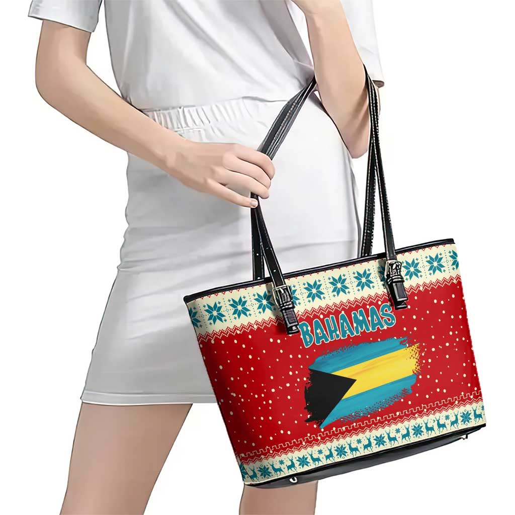 Bahamas Christmas Leather Tote Bag with Red Festive Pattern Sailing Santa and National Flag Motif - Wonder Print Shop
