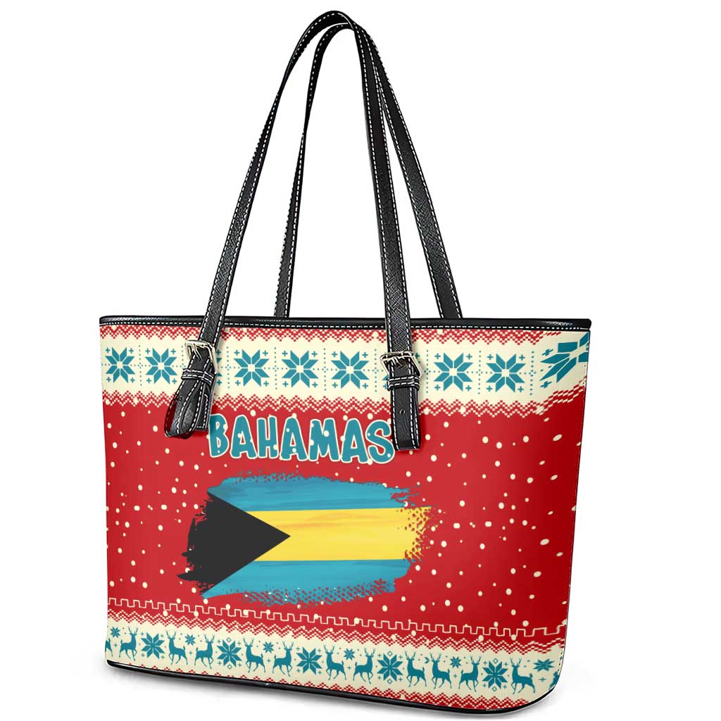 Bahamas Christmas Leather Tote Bag with Red Festive Pattern Sailing Santa and National Flag Motif - Wonder Print Shop
