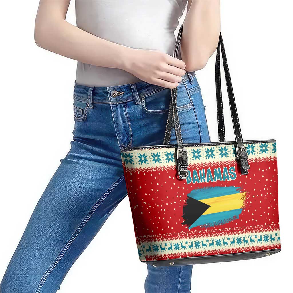 Bahamas Christmas Leather Tote Bag with Red Festive Pattern Sailing Santa and National Flag Motif - Wonder Print Shop