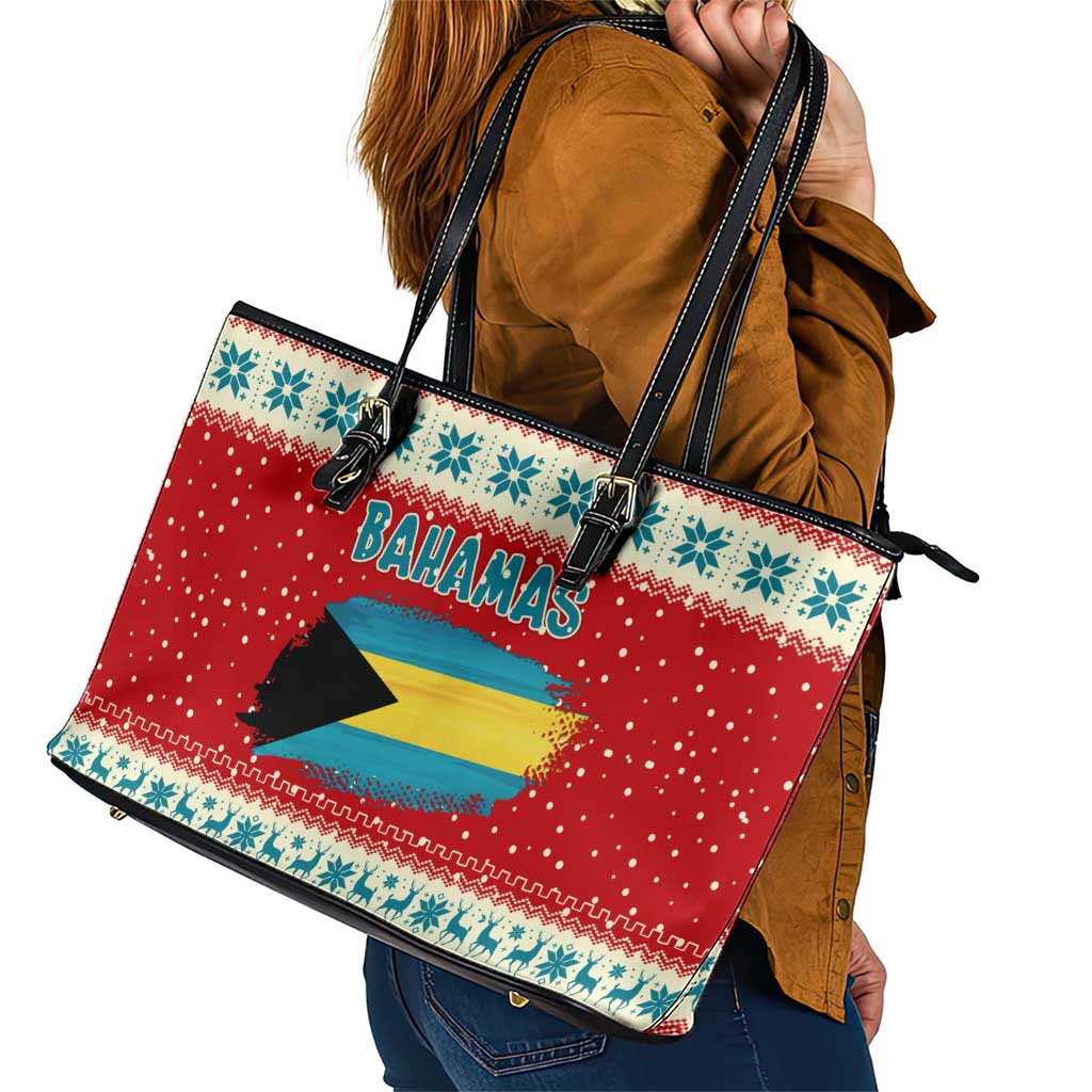 Bahamas Christmas Leather Tote Bag with Red Festive Pattern Sailing Santa and National Flag Motif - Wonder Print Shop