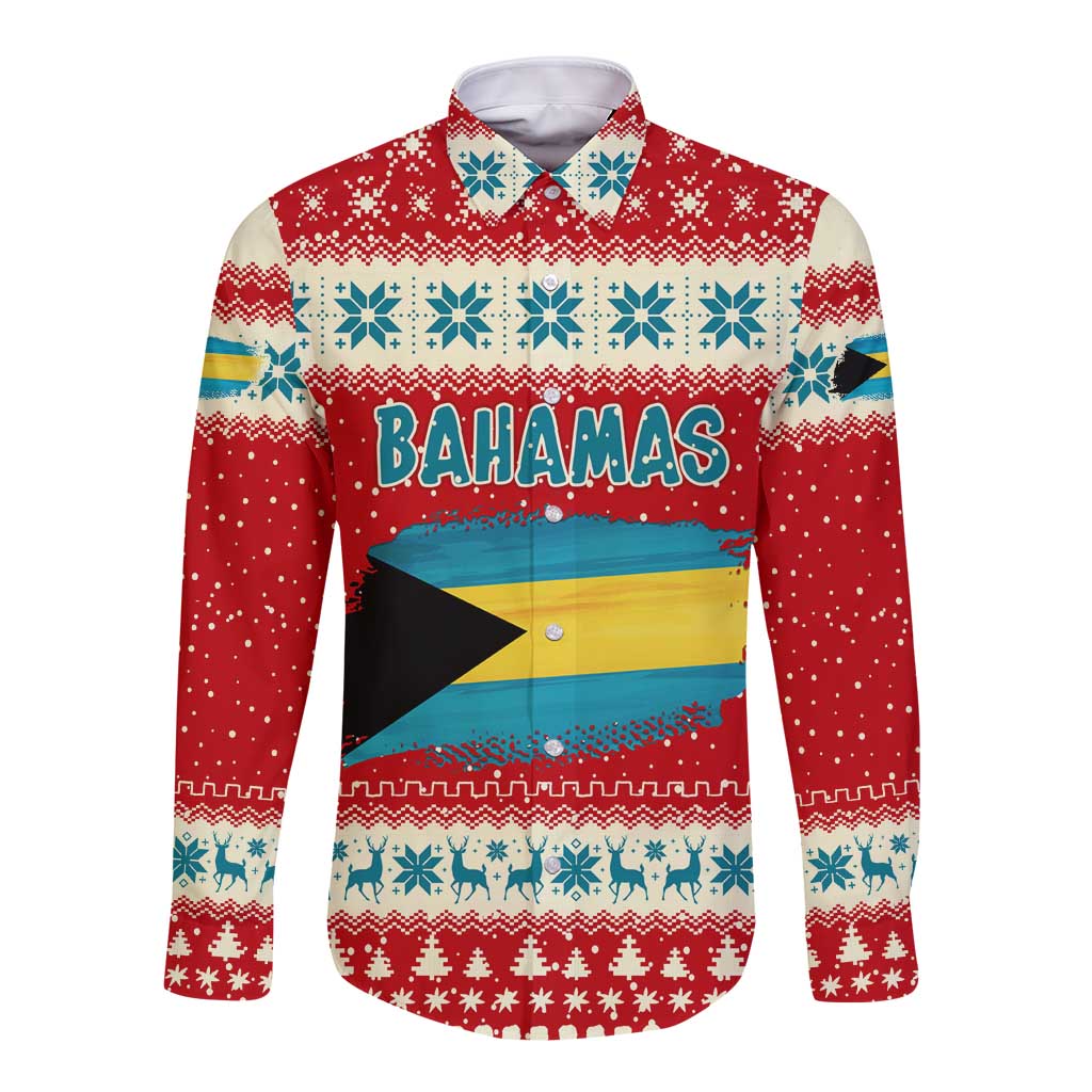 Bahamas Christmas Long Sleeve Button Shirt with Red Festive Pattern Sailing Santa and National Flag Motif - Wonder Print Shop
