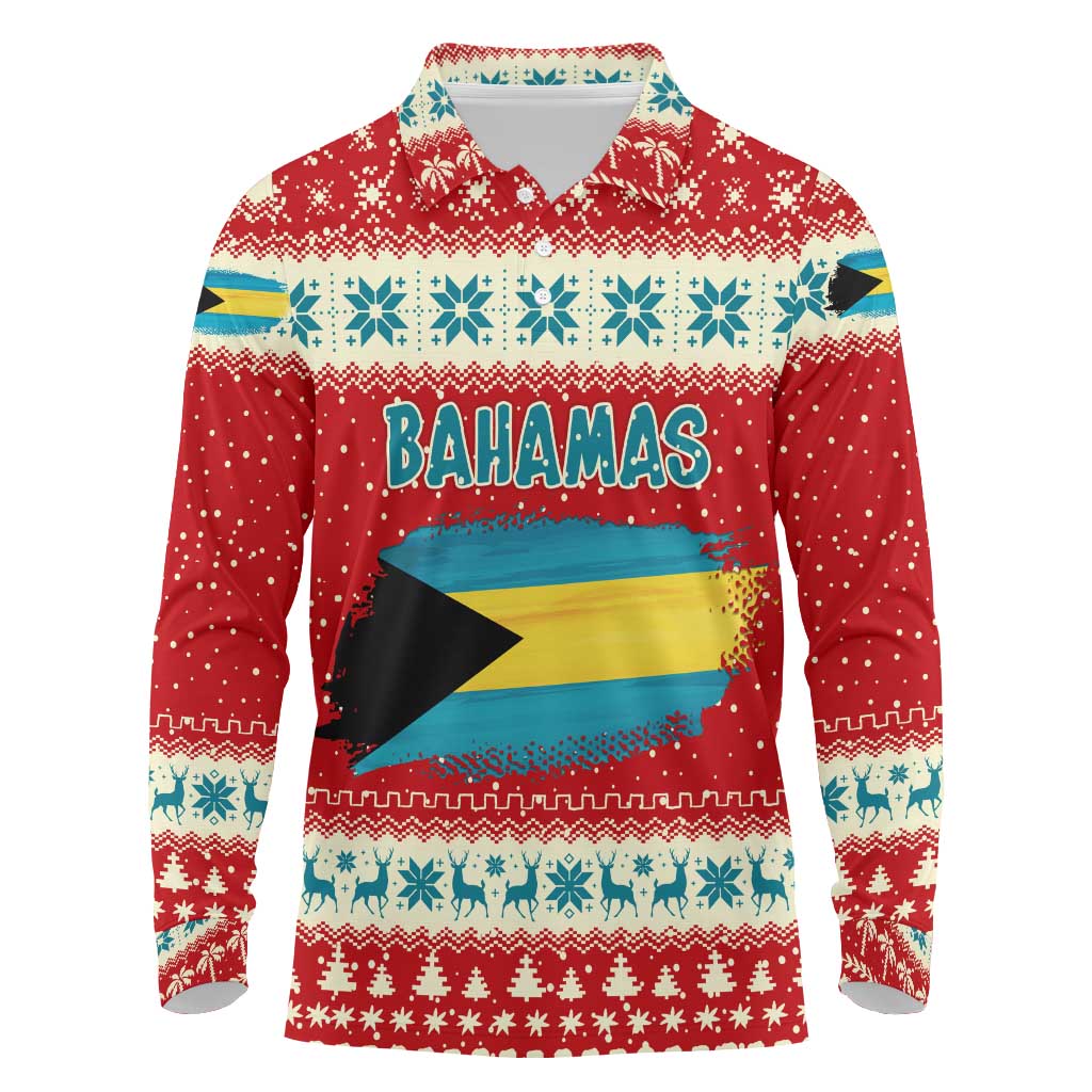Bahamas Christmas Long Sleeve Polo Shirt with Red Festive Pattern Sailing Santa and National Flag Motif - Wonder Print Shop