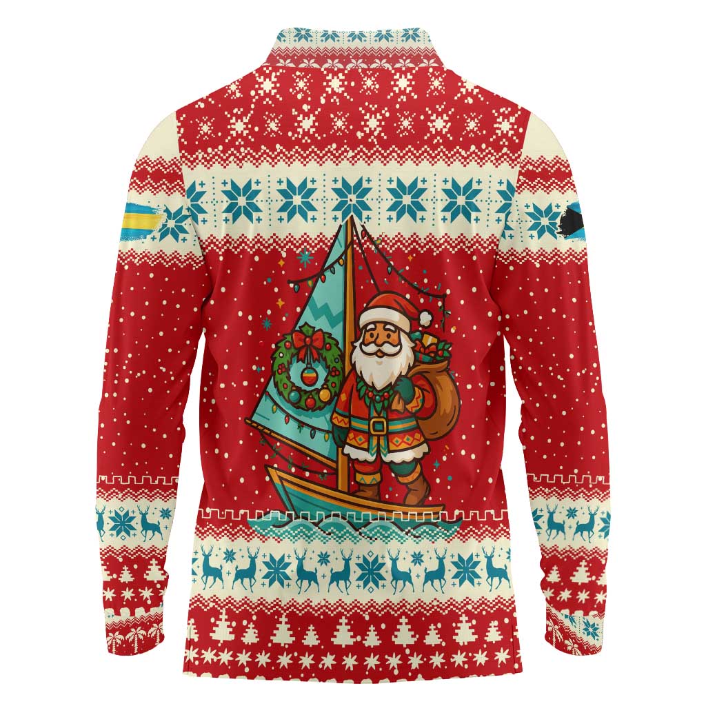 Bahamas Christmas Long Sleeve Polo Shirt with Red Festive Pattern Sailing Santa and National Flag Motif - Wonder Print Shop