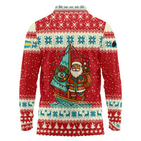 Bahamas Christmas Long Sleeve Polo Shirt with Red Festive Pattern Sailing Santa and National Flag Motif - Wonder Print Shop