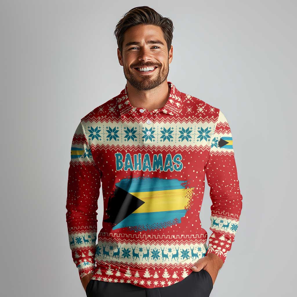 Bahamas Christmas Long Sleeve Polo Shirt with Red Festive Pattern Sailing Santa and National Flag Motif - Wonder Print Shop