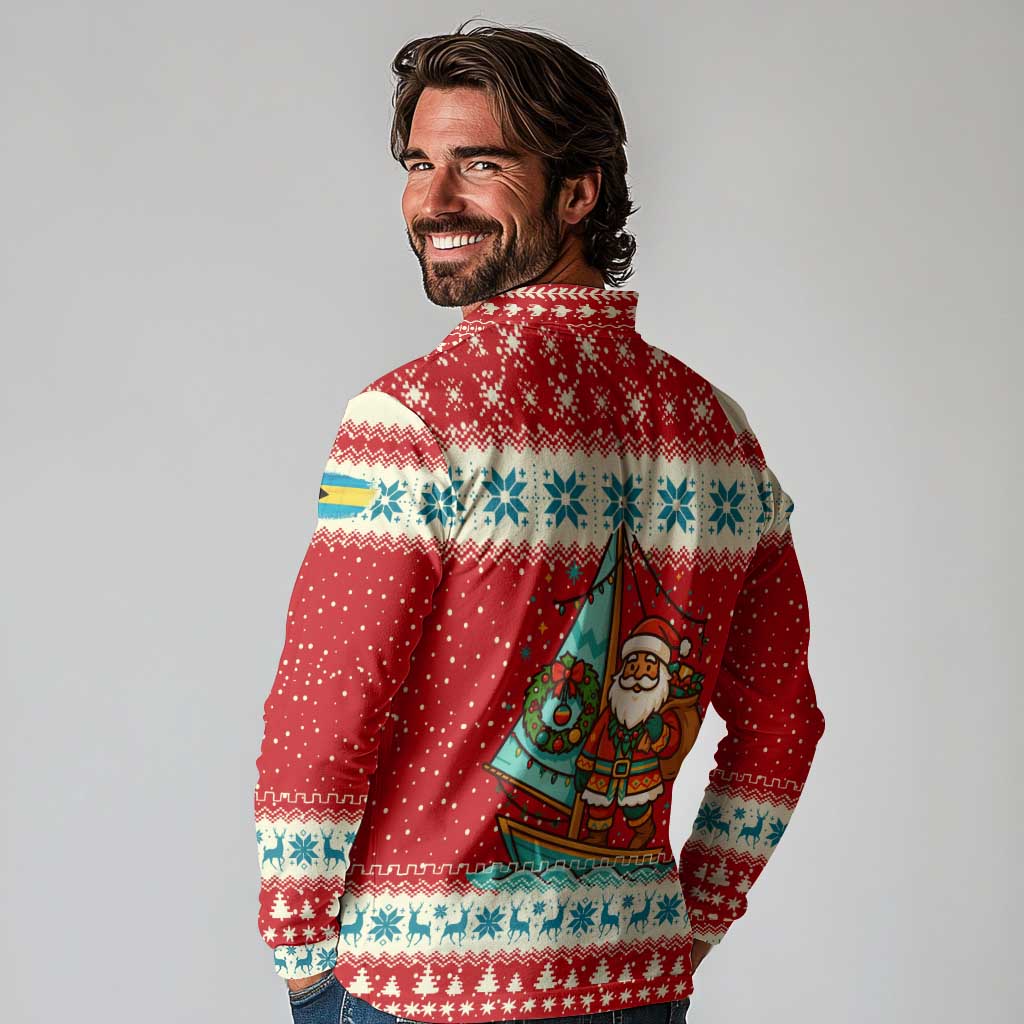 Bahamas Christmas Long Sleeve Polo Shirt with Red Festive Pattern Sailing Santa and National Flag Motif - Wonder Print Shop