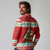 Bahamas Christmas Long Sleeve Polo Shirt with Red Festive Pattern Sailing Santa and National Flag Motif - Wonder Print Shop