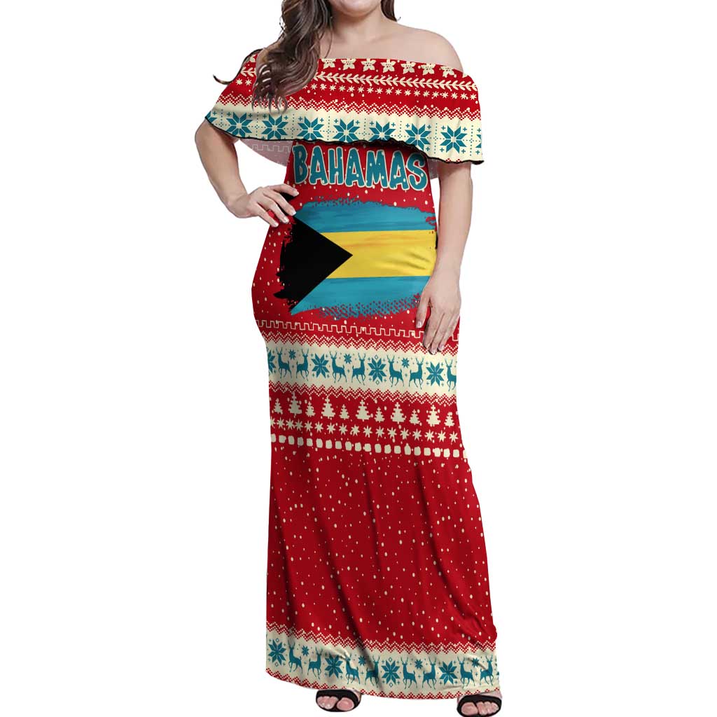 Bahamas Christmas Off Shoulder Maxi Dress with Red Festive Pattern Sailing Santa and National Flag Motif - Wonder Print Shop