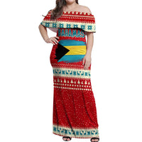 Bahamas Christmas Off Shoulder Maxi Dress with Red Festive Pattern Sailing Santa and National Flag Motif - Wonder Print Shop