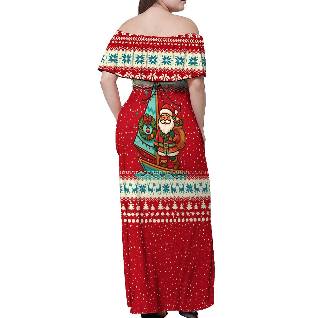 Bahamas Christmas Off Shoulder Maxi Dress with Red Festive Pattern Sailing Santa and National Flag Motif - Wonder Print Shop