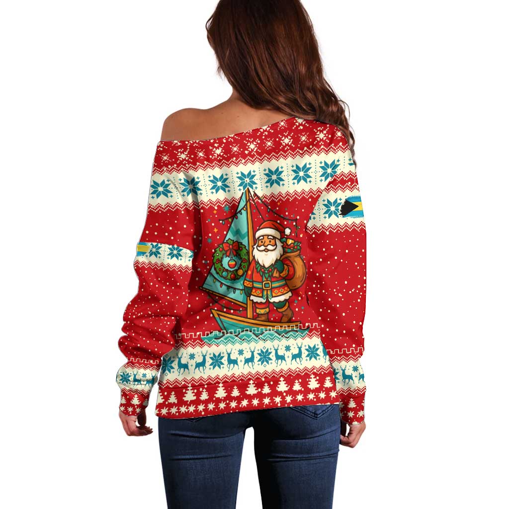 Bahamas Christmas Off Shoulder Sweater with Red Festive Pattern Sailing Santa and National Flag Motif - Wonder Print Shop