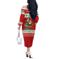 Bahamas Christmas Off The Shoulder Long Sleeve Dress with Red Festive Pattern Sailing Santa and National Flag Motif - Wonder Print Shop