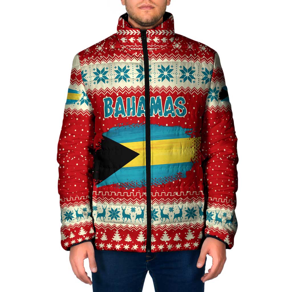 Bahamas Christmas Padded Jacket with Red Festive Pattern Sailing Santa and National Flag Motif - Wonder Print Shop