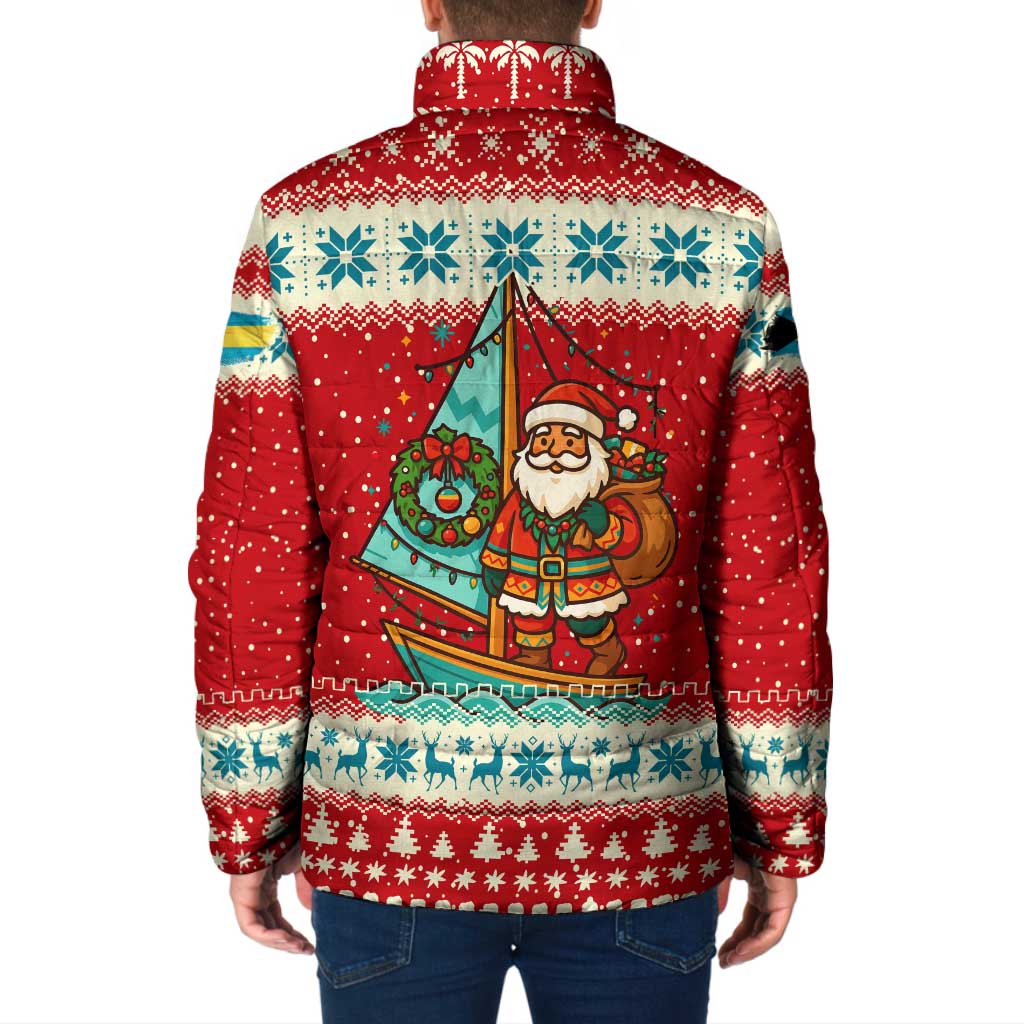 Bahamas Christmas Padded Jacket with Red Festive Pattern Sailing Santa and National Flag Motif - Wonder Print Shop