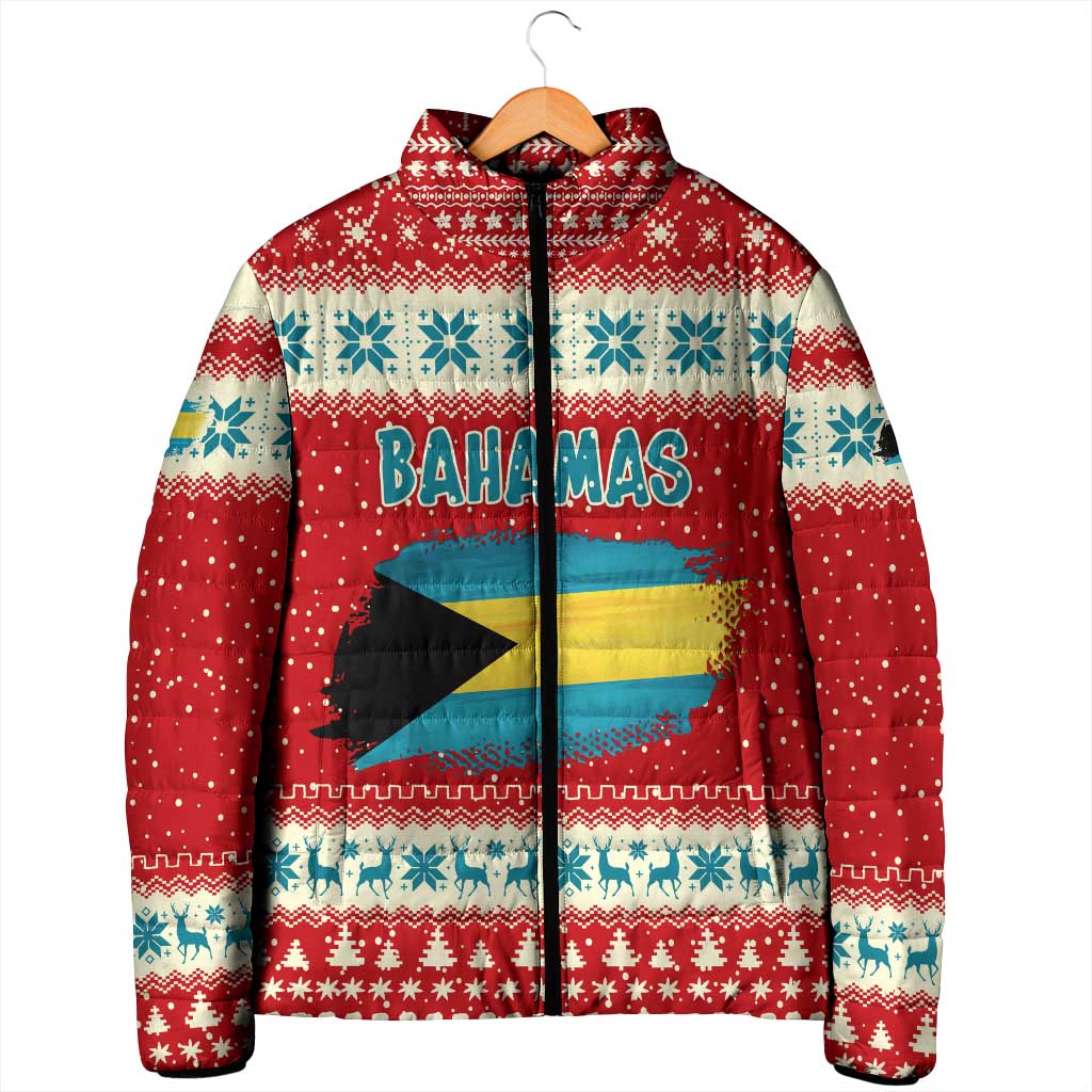 Bahamas Christmas Padded Jacket with Red Festive Pattern Sailing Santa and National Flag Motif - Wonder Print Shop