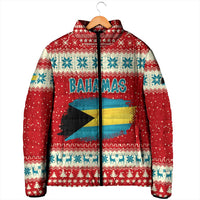 Bahamas Christmas Padded Jacket with Red Festive Pattern Sailing Santa and National Flag Motif - Wonder Print Shop