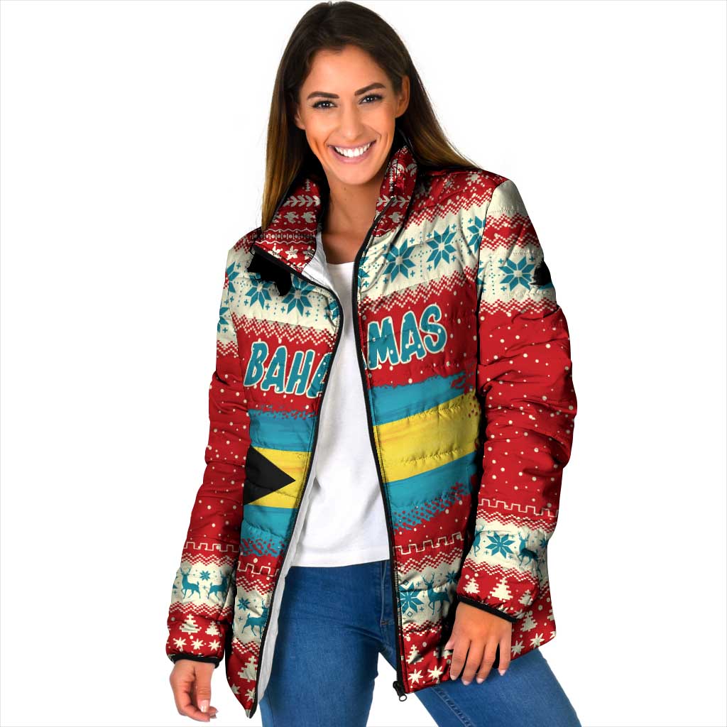 Bahamas Christmas Padded Jacket with Red Festive Pattern Sailing Santa and National Flag Motif - Wonder Print Shop