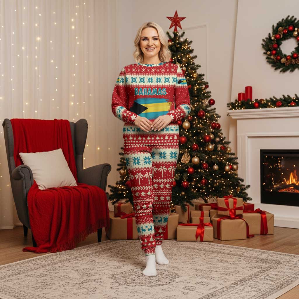 Bahamas Christmas Pajama Set with Red Festive Pattern Sailing Santa and National Flag Motif - Wonder Print Shop