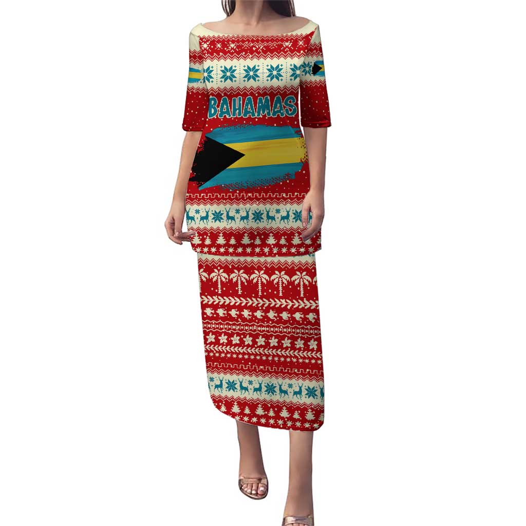Bahamas Christmas Puletasi with Red Festive Pattern Sailing Santa and National Flag Motif - Wonder Print Shop