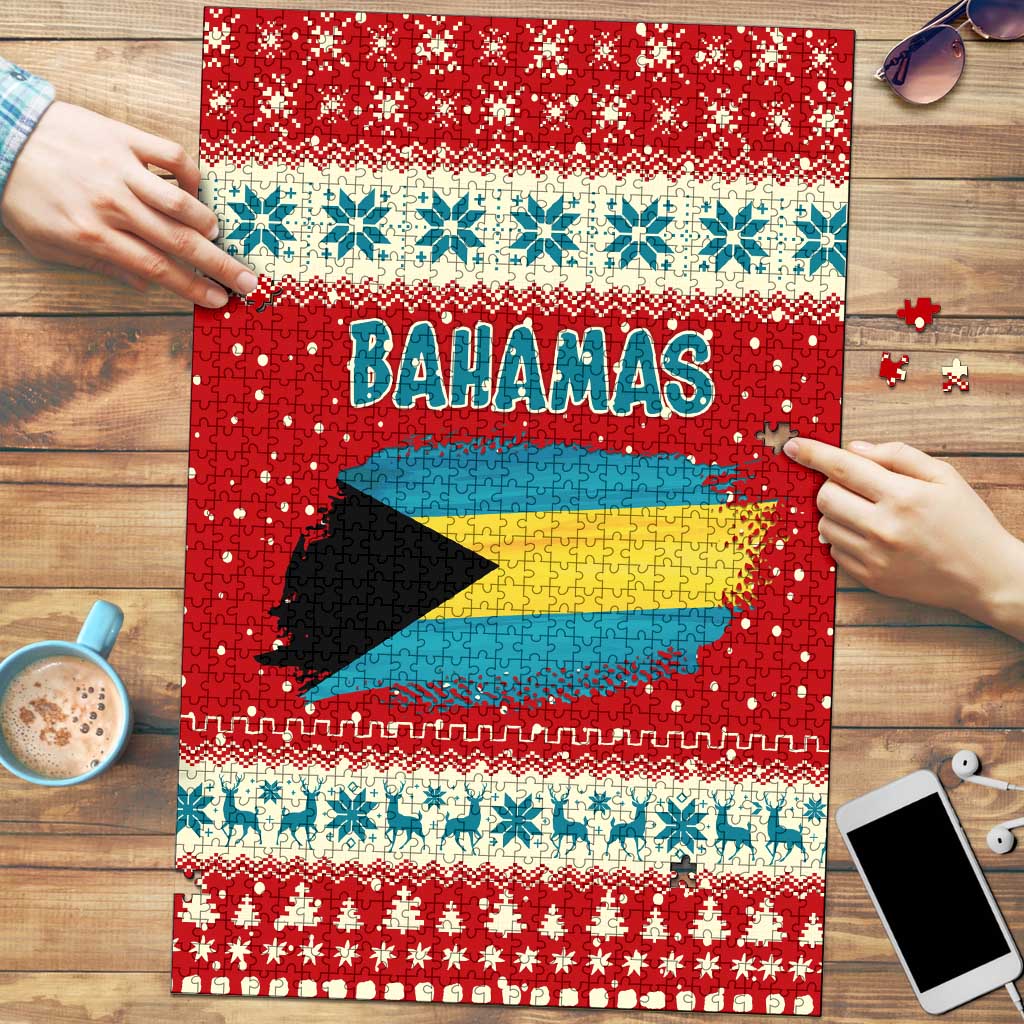Bahamas Christmas Puzzle with Red Festive Pattern Sailing Santa and National Flag Motif - Wonder Print Shop