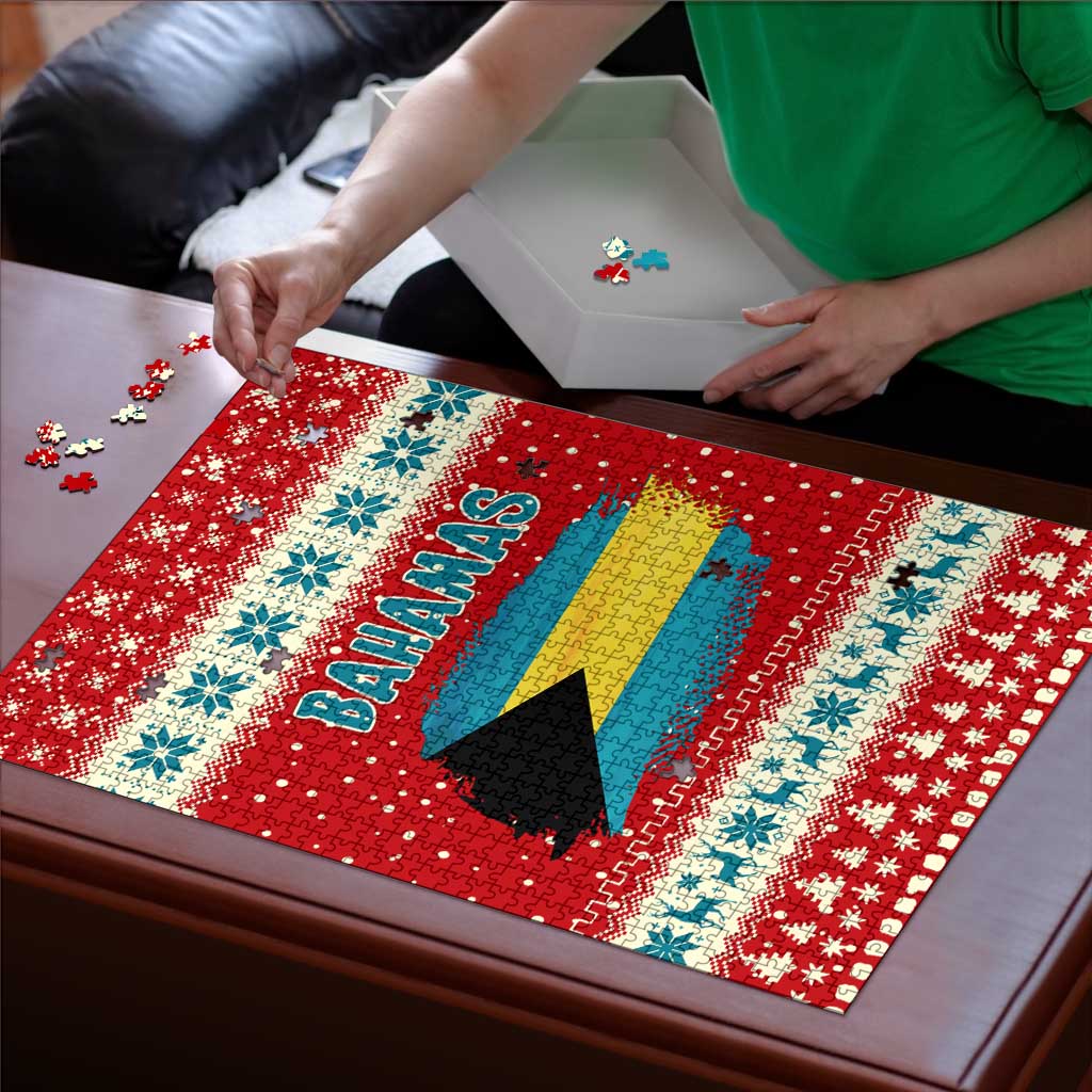 Bahamas Christmas Puzzle with Red Festive Pattern Sailing Santa and National Flag Motif - Wonder Print Shop