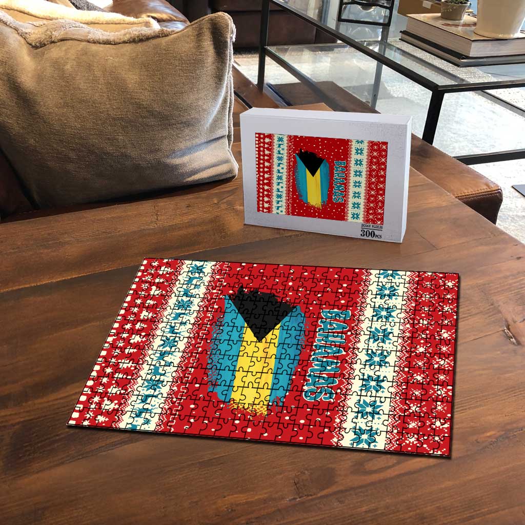 Bahamas Christmas Puzzle with Red Festive Pattern Sailing Santa and National Flag Motif - Wonder Print Shop