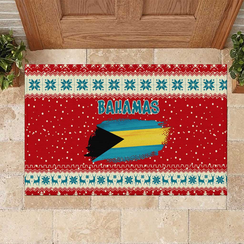 Bahamas Christmas Rubber Doormat with Red Festive Pattern Sailing Santa and National Flag Motif - Wonder Print Shop