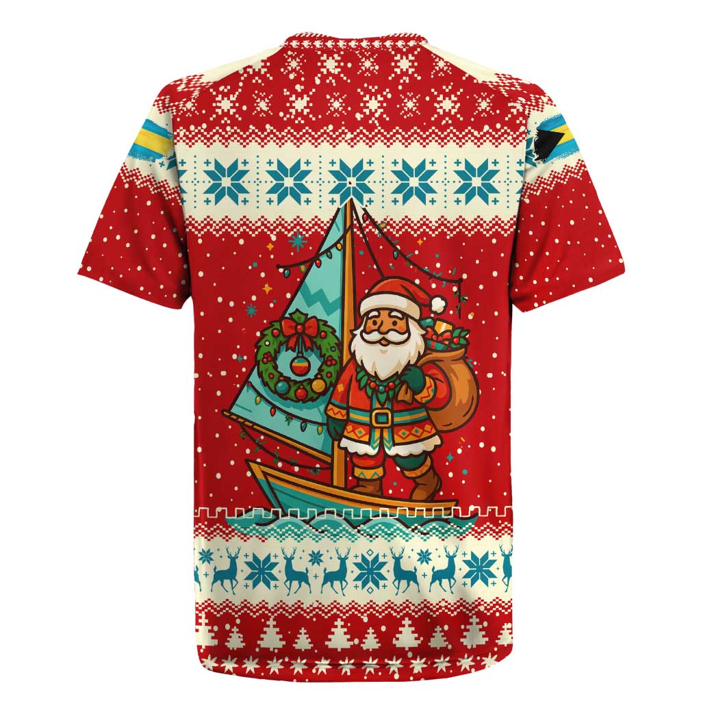 Bahamas Christmas Rugby Jersey with Red Festive Pattern Sailing Santa and National Flag Motif - Wonder Print Shop