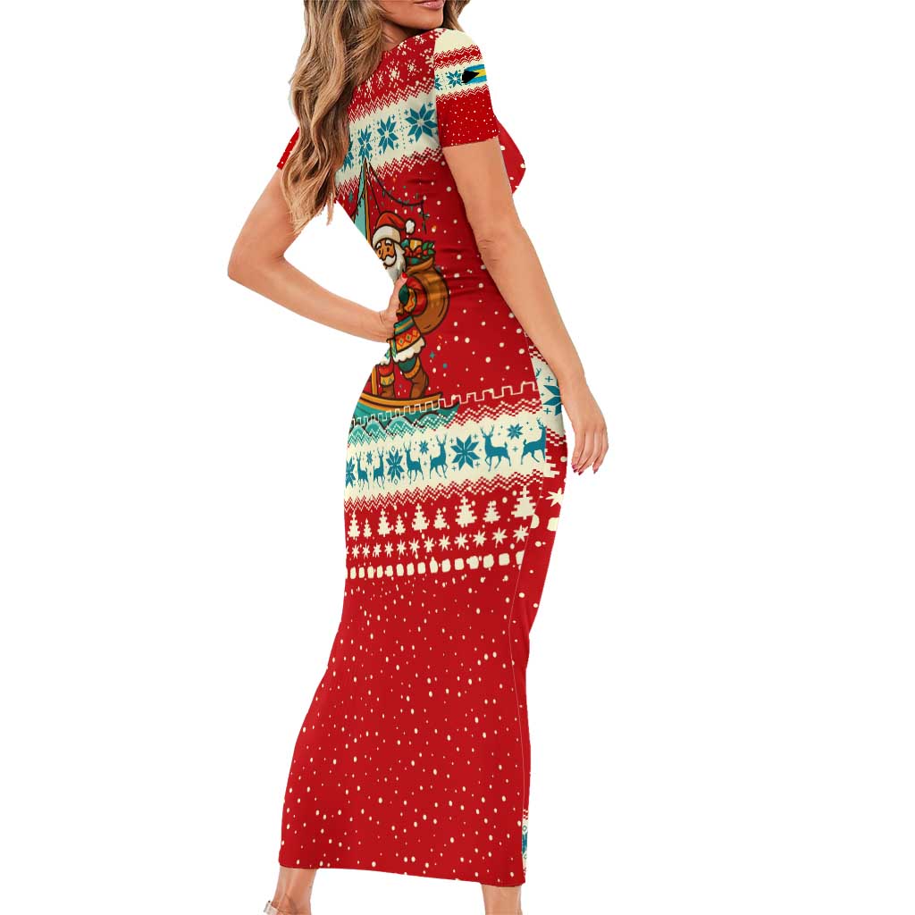 Bahamas Christmas Short Sleeve Bodycon Dress with Red Festive Pattern Sailing Santa and National Flag Motif - Wonder Print Shop
