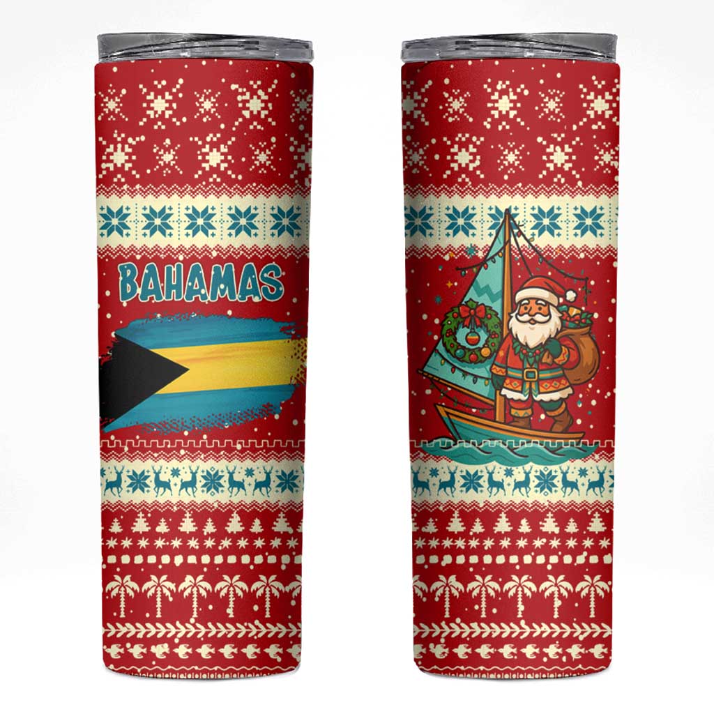 Bahamas Christmas Skinny Tumbler with Red Festive Pattern Sailing Santa and National Flag Motif - Wonder Print Shop