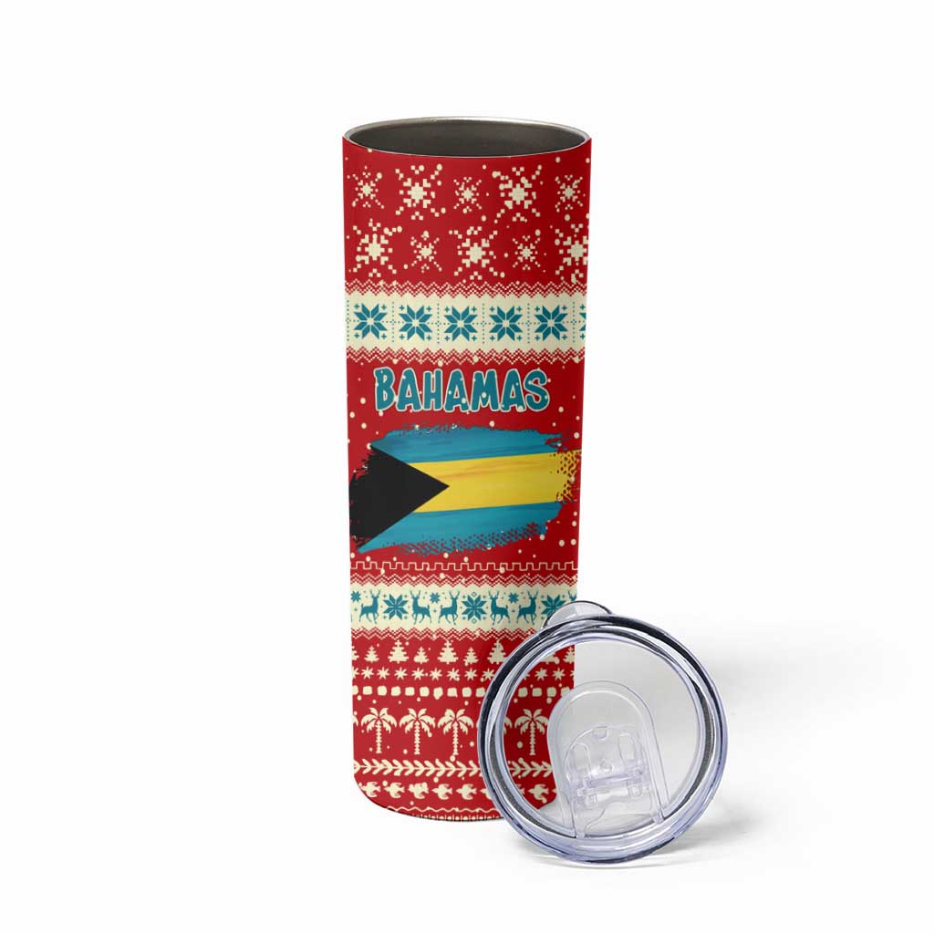 Bahamas Christmas Skinny Tumbler with Red Festive Pattern Sailing Santa and National Flag Motif - Wonder Print Shop