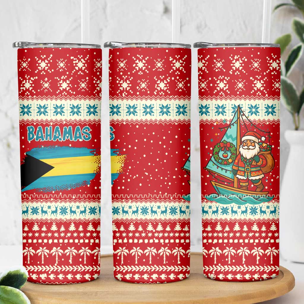 Bahamas Christmas Skinny Tumbler with Red Festive Pattern Sailing Santa and National Flag Motif - Wonder Print Shop