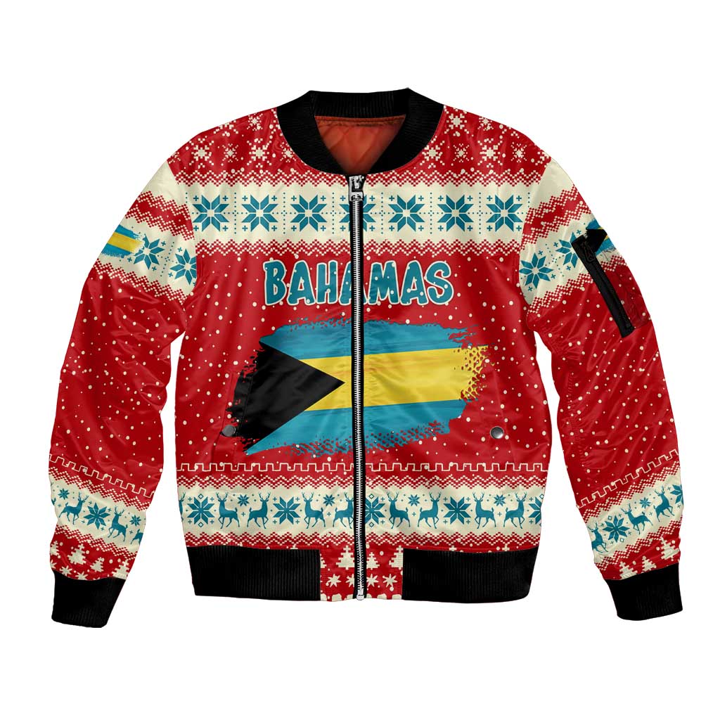 Bahamas Christmas Sleeve Zip Bomber Jacket with Red Festive Pattern Sailing Santa and National Flag Motif - Wonder Print Shop