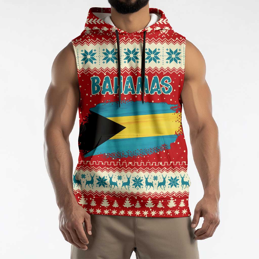 Bahamas Christmas Sleeveless Hoodie with Red Festive Pattern Sailing Santa and National Flag Motif - Wonder Print Shop