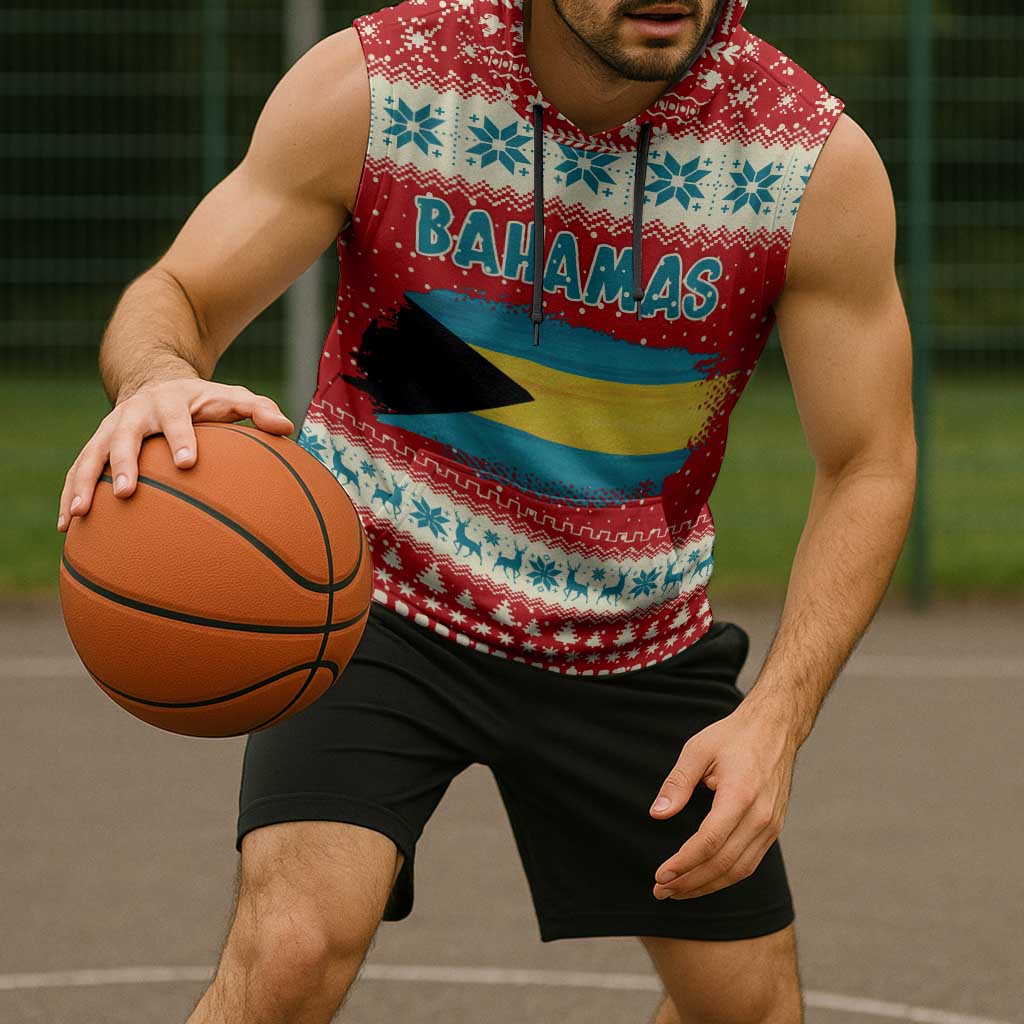 Bahamas Christmas Sleeveless Hoodie with Red Festive Pattern Sailing Santa and National Flag Motif - Wonder Print Shop