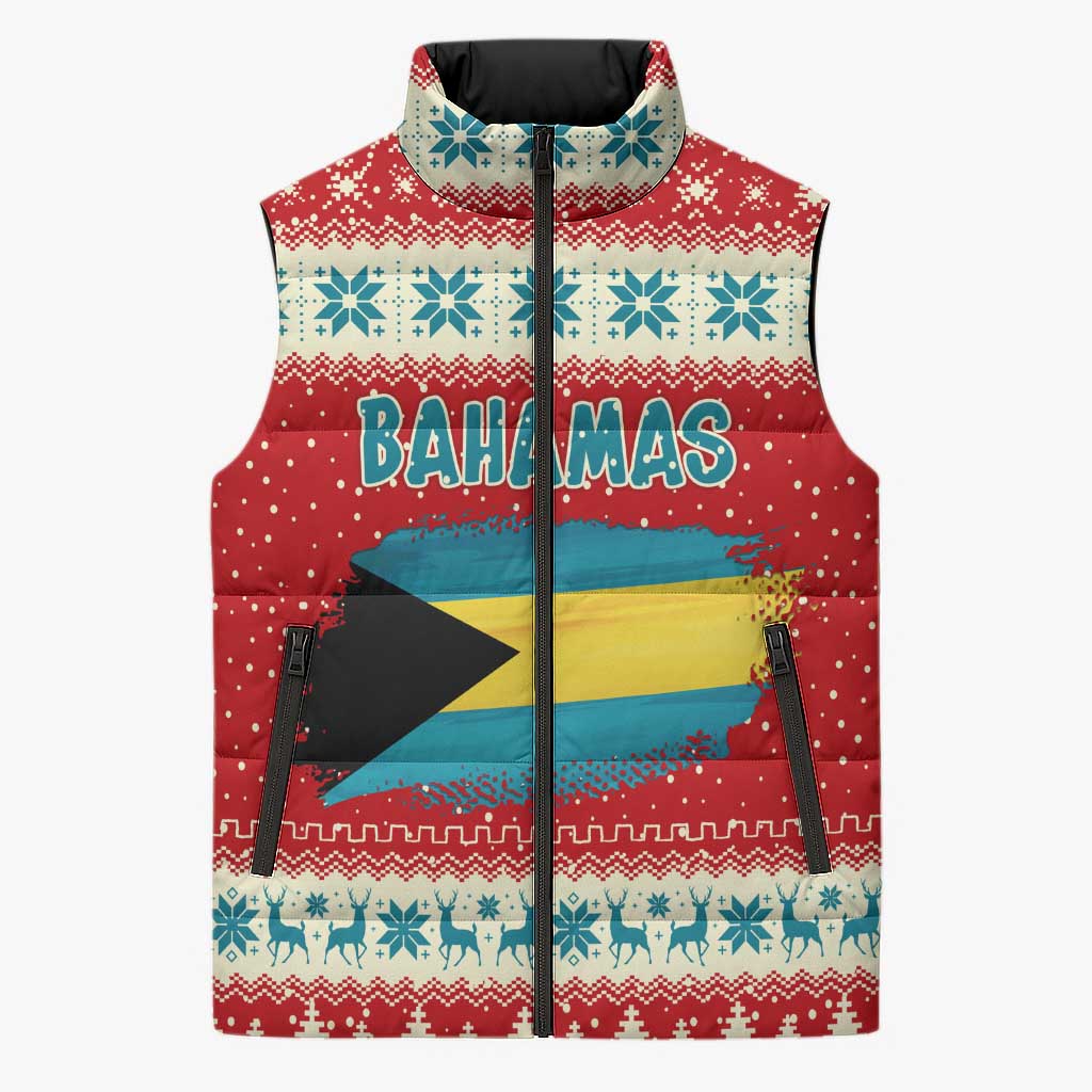 Bahamas Christmas Sleeveless Puffer Jacket with Red Festive Pattern Sailing Santa and National Flag Motif - Wonder Print Shop