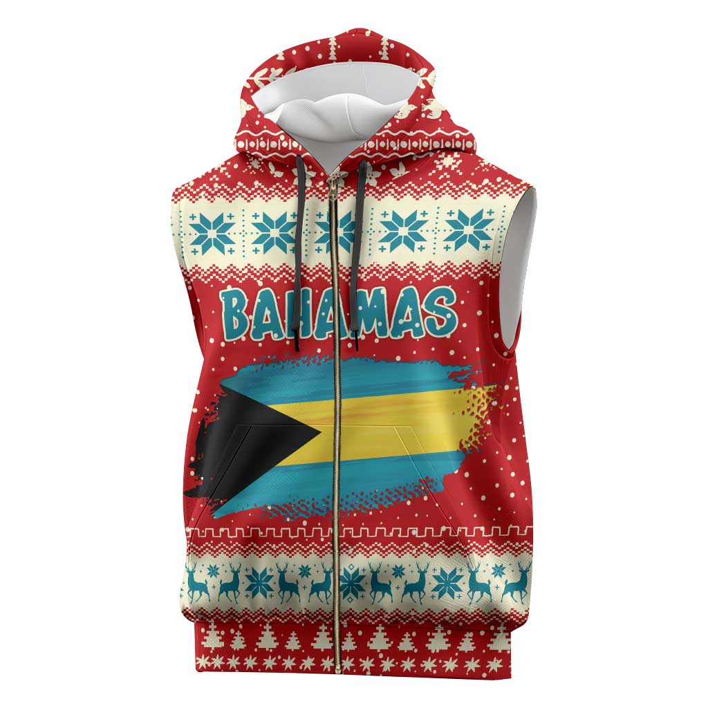 Bahamas Christmas Sleeveless Zip Hoodie with Red Festive Pattern Sailing Santa and National Flag Motif - Wonder Print Shop