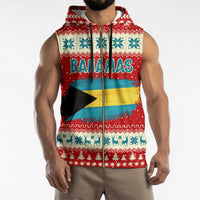 Bahamas Christmas Sleeveless Zip Hoodie with Red Festive Pattern Sailing Santa and National Flag Motif - Wonder Print Shop