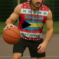 Bahamas Christmas Sleeveless Zip Hoodie with Red Festive Pattern Sailing Santa and National Flag Motif - Wonder Print Shop